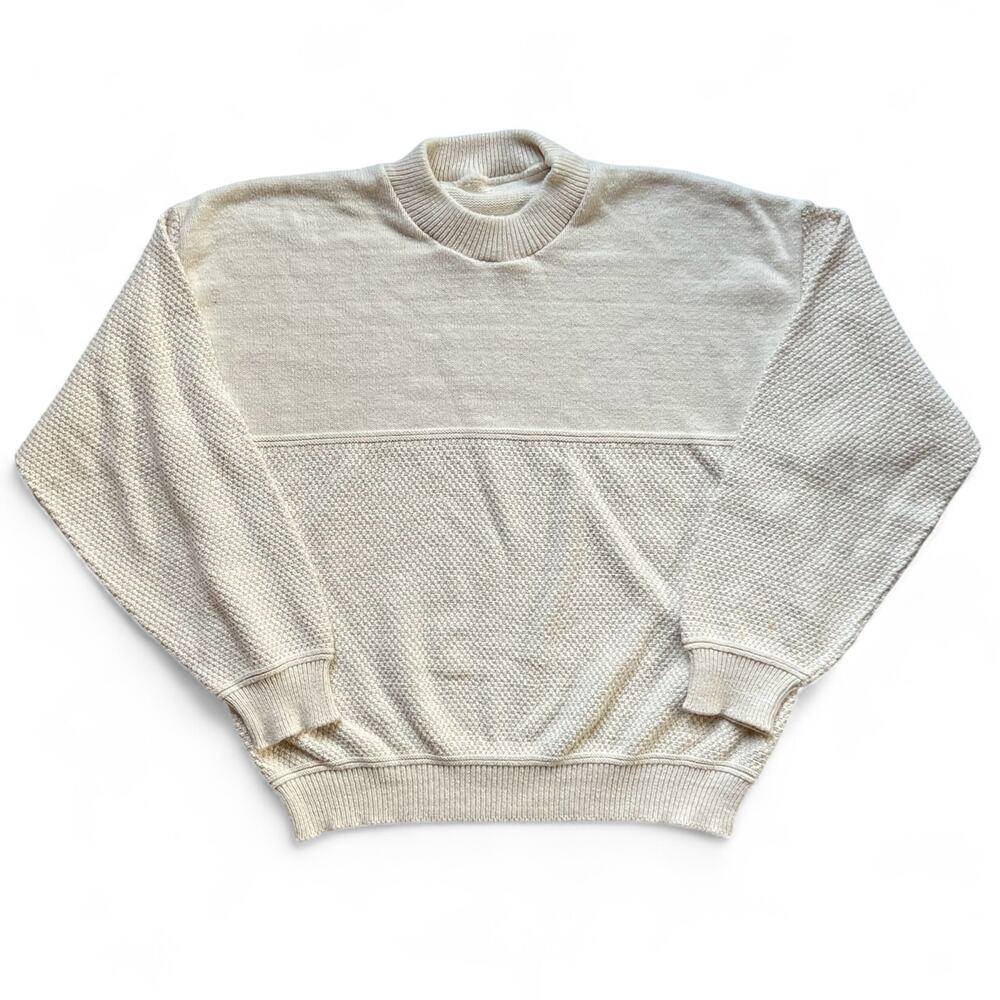 Vintage Textured Knit Cream Woven Sweater Earthtone Cottage Oversize XL Neutral